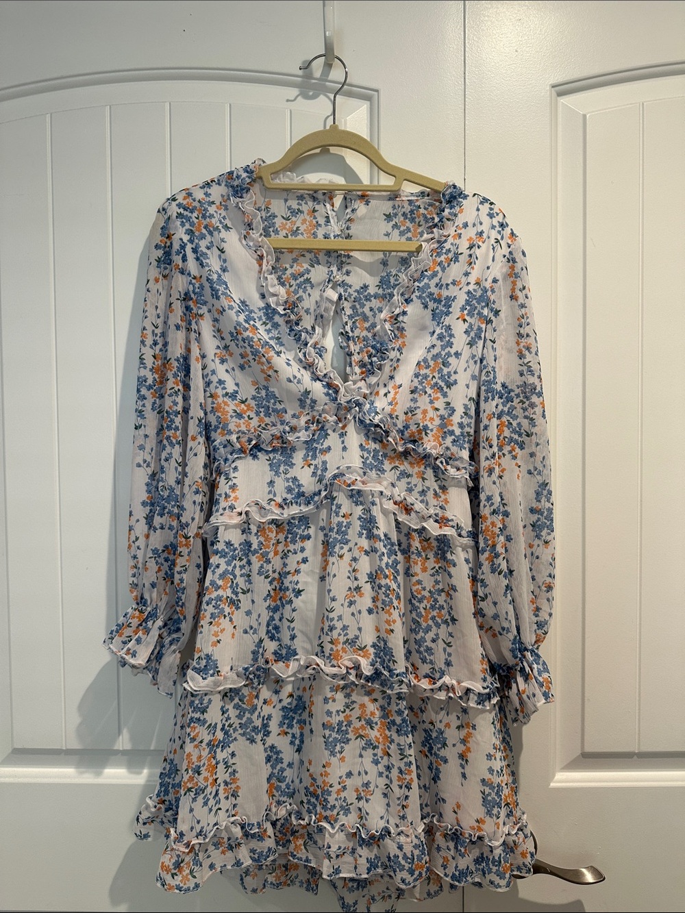 Floral Ruffle Tiered Mini Dress - Blue & Orange on Ivory